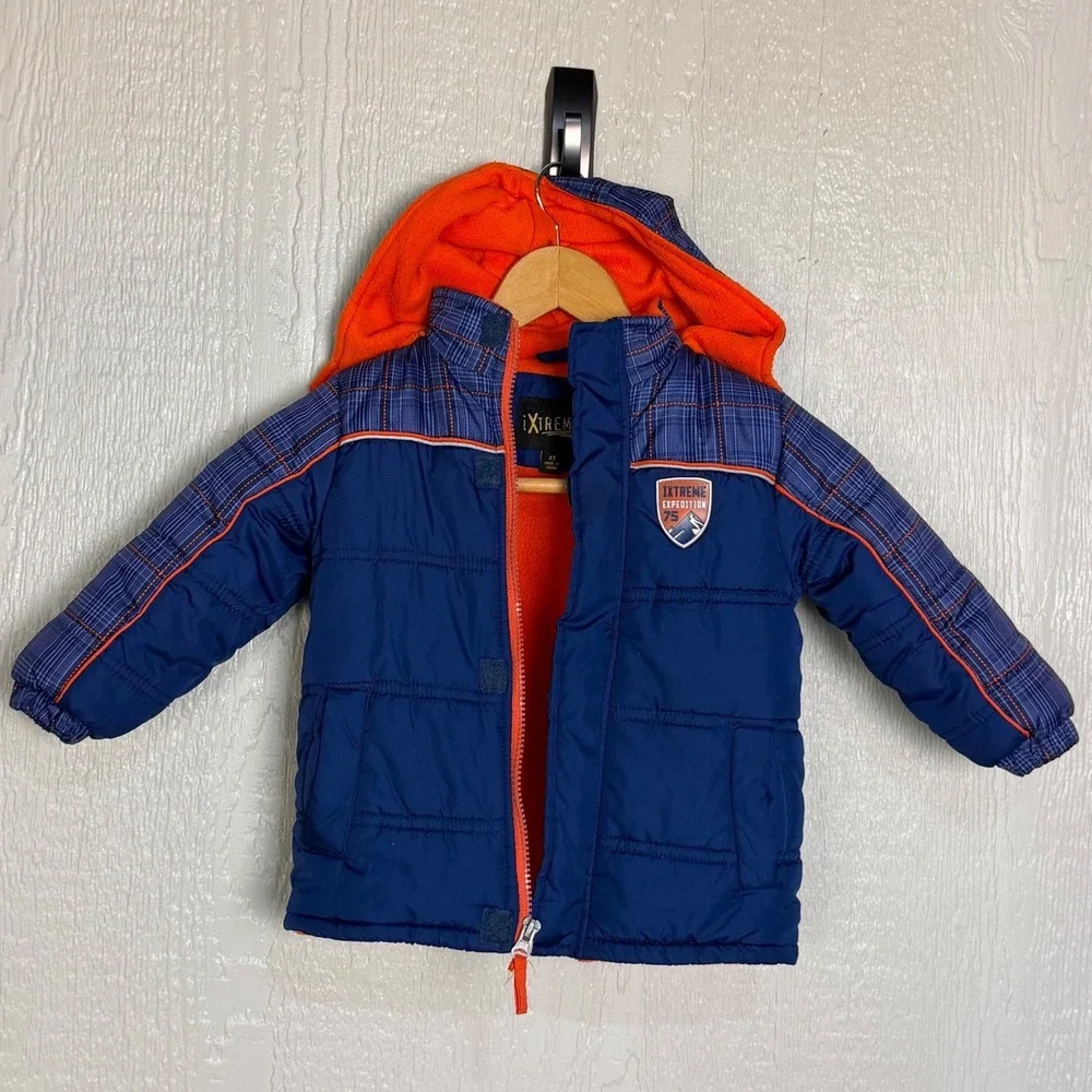 iXtreme‎ Expedition 75 Boys Toddler Puffer Jacket Blue Orange Plaid Hooded 2TEUC